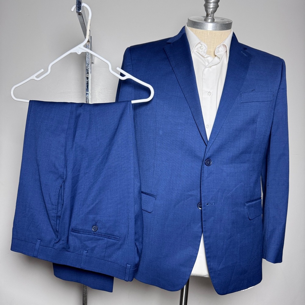 Michael Strahan Suit Mens 44R W38 Blue Solid Wool Blend 2-Button Notch Lapel